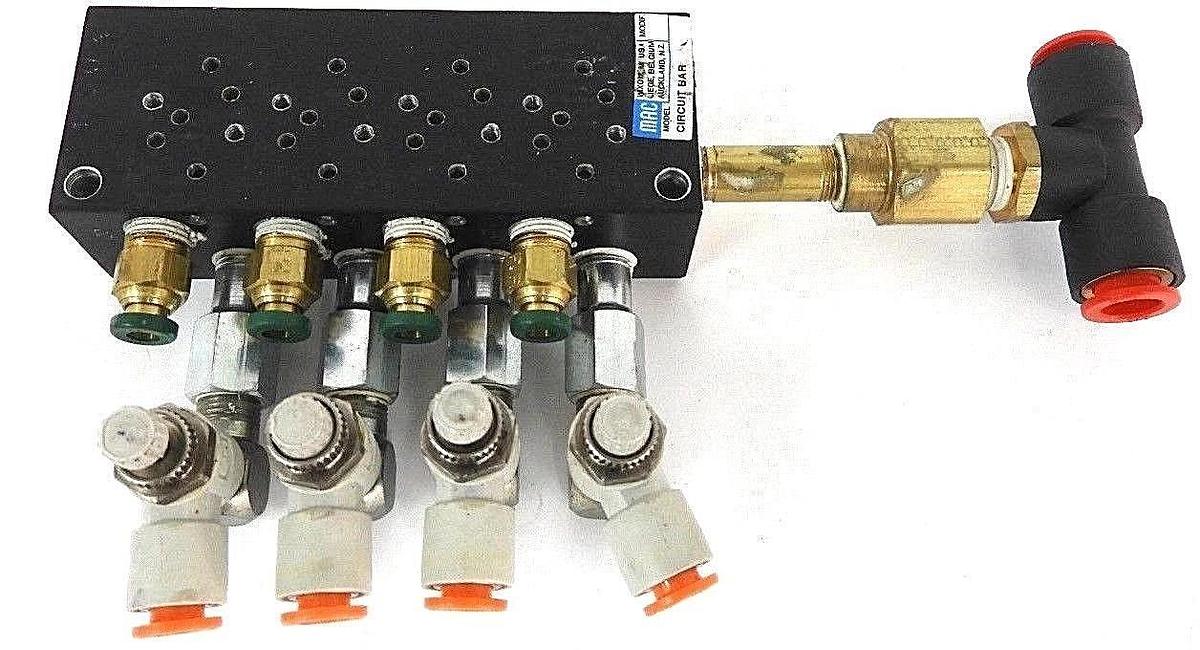 Used MAC CIRCUIT BAR W/ (4) SMC AS2201F-N01-04K FLOW CONTROL FITTINGS