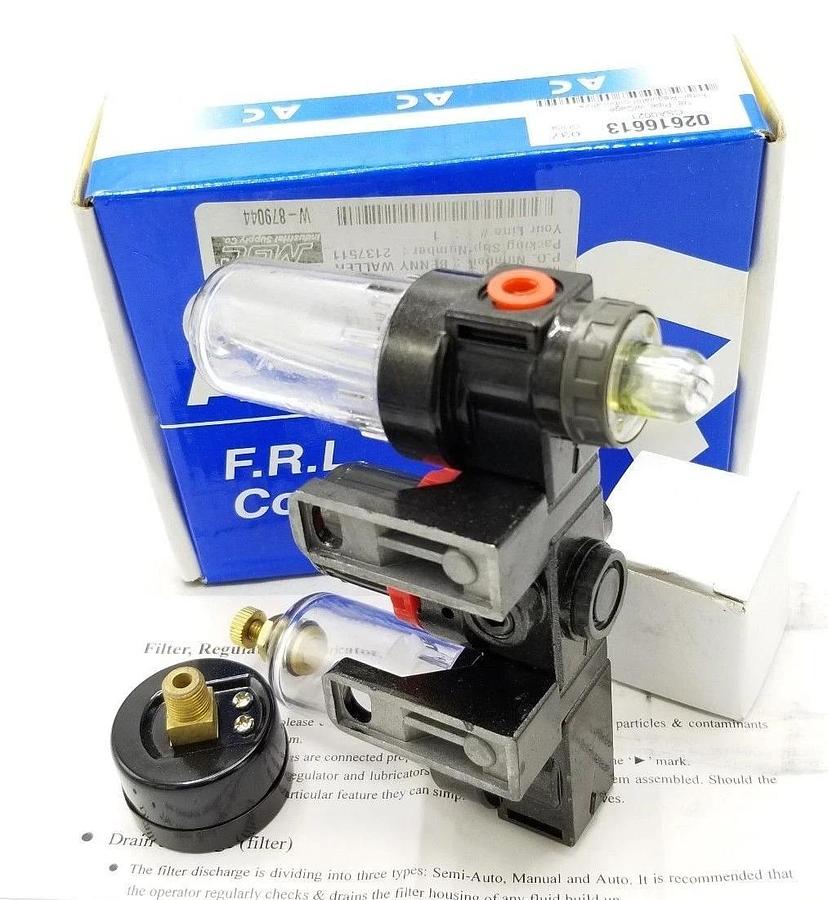 Used NIB NULINE AC-1500 MINI FILTER REGULATOR ASSEMBLY W/ GAGE - 1/8" PIPE POLY BOWL
