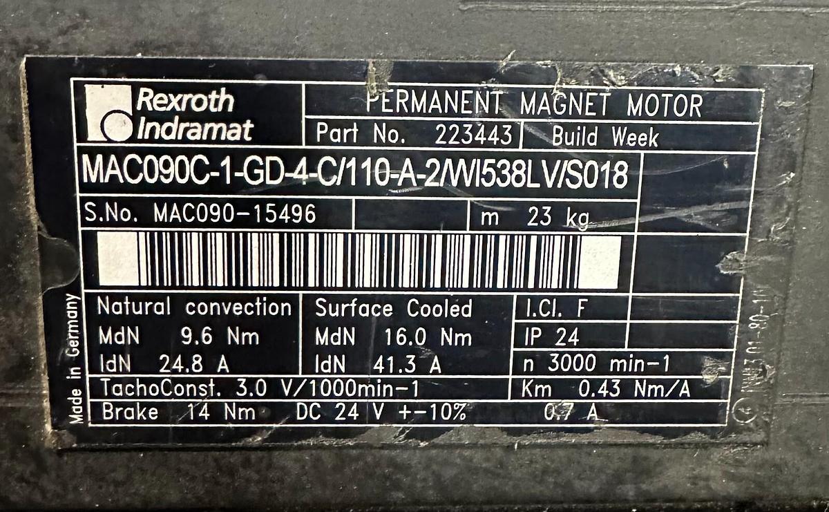 Used REPAIRED INDRAMAT MAC090C-1-GD-4-C/110-A-2/WI538LV/S018 SERVO MOTOR 6.9Nm 223443