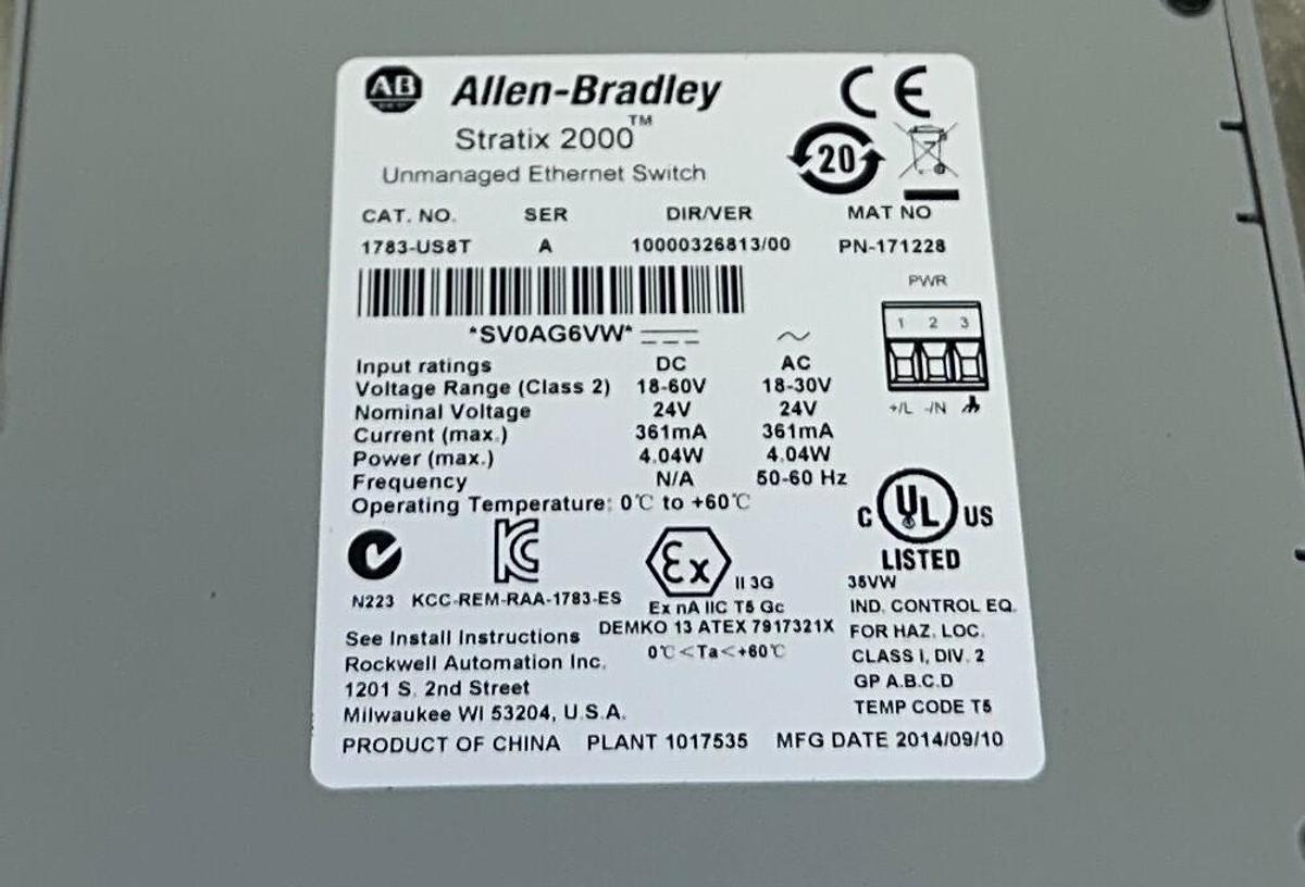 Used ALLEN BRADLEY 1783-US8T /A Stratix 2000 UNMANAGED EtherNet SWITCH 8-PORT NSMP