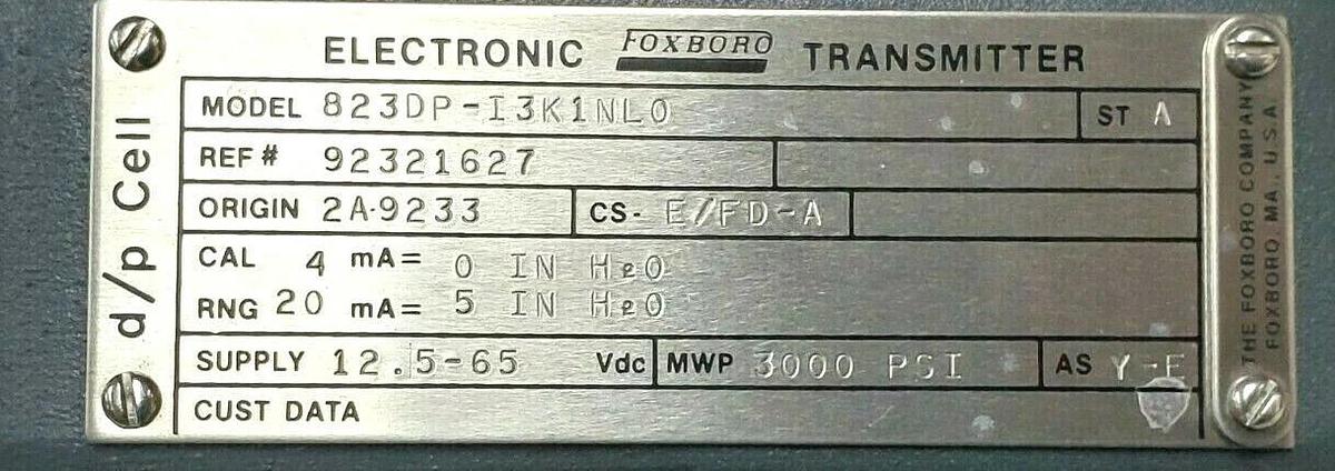 Used FOXBORO 823DP-I3K1NL0 ELECTRONIC TRANSMITTER W/ B0138NS SENSOR MODULE