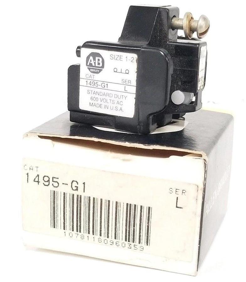 Used ALLEN BRADLEY 1495-G1 AUXILIARY CONTACT SIZE 1-2, 600V, 1495G1, SER. L (IN BOX)
