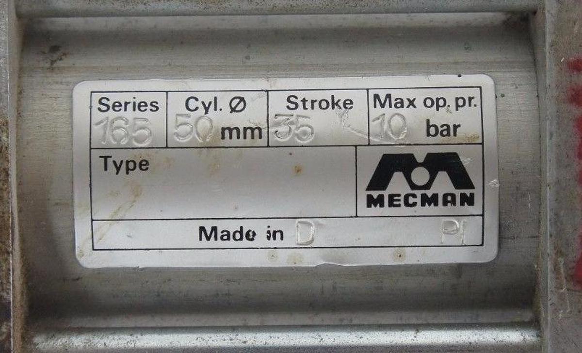 Used MECMAN SERIES 165 AIR CYLINDER VALVE CYL. 50MM, STROKE 35, MAX OP. PR. 10 BAR
