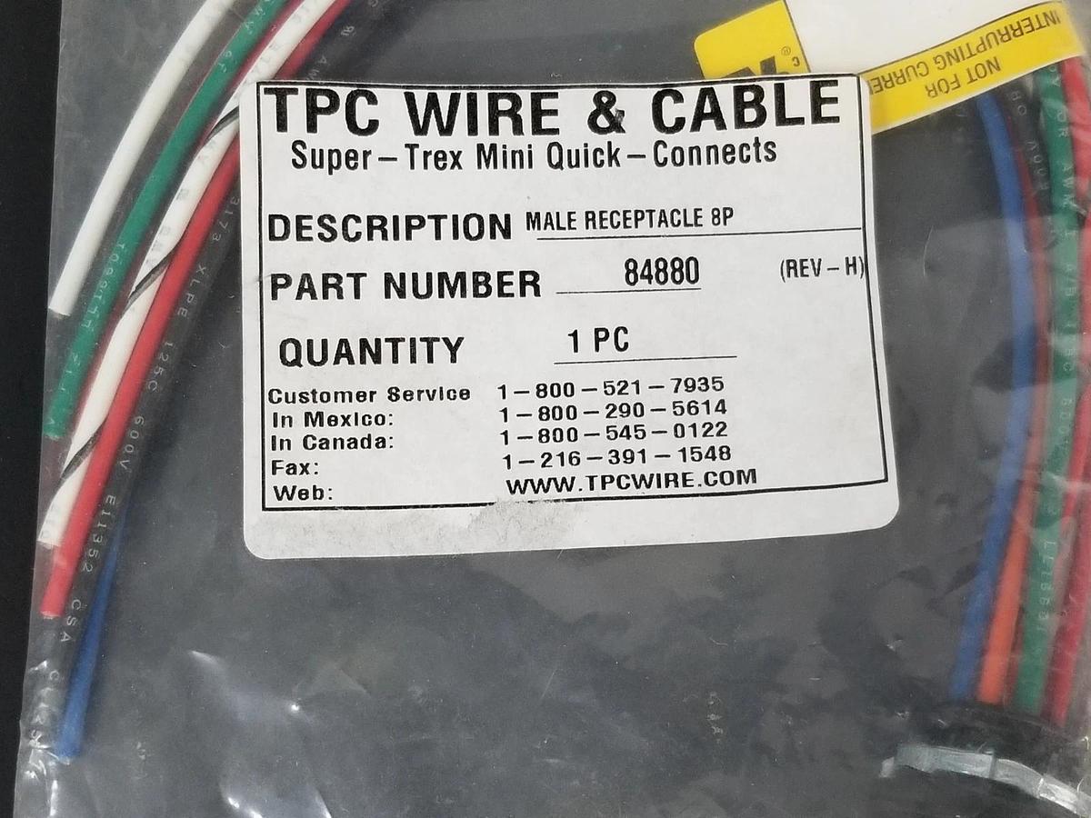 Used NIB TPC WIRE & CABLE 84880 MALE RECEPTACLE 8P CONNECTOR CABLE, REV H, AX11P