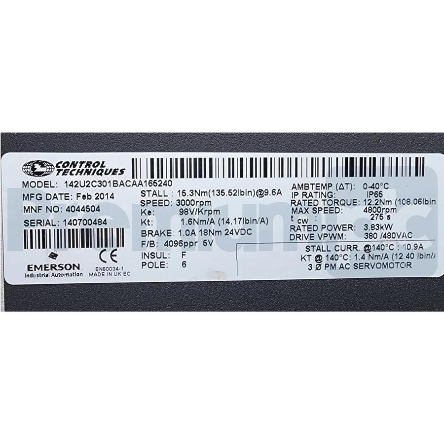 Used Emerson Control Techniques 142U2C301BACAA165240 Unimotor FM Servo Motor w/Brake