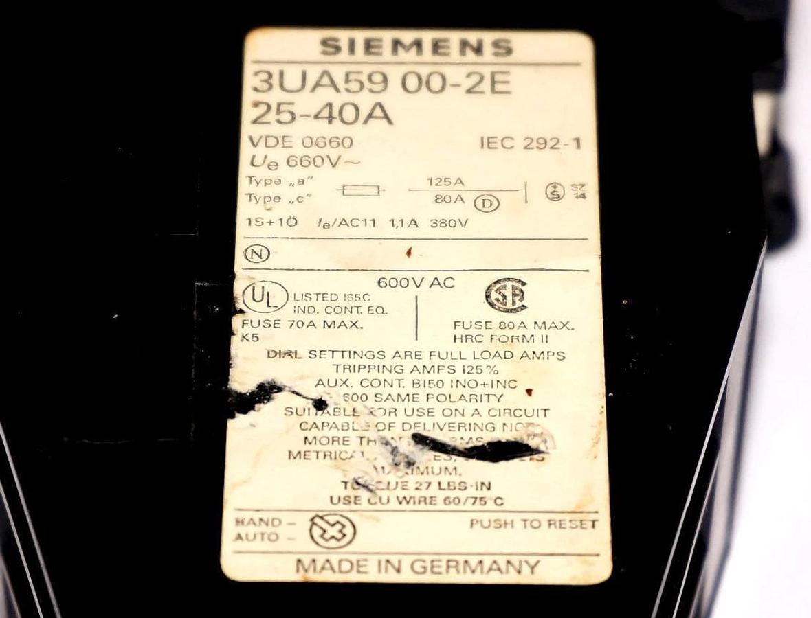 Used SIEMENS 3UA59-00-2E OVERLOAD RELAY 25-40A 3UA59002E