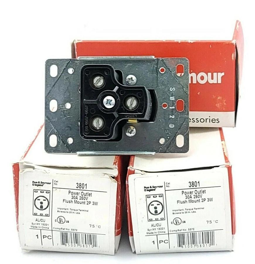 Used LOT OF 3 NIB PASS & SEYMOUR 3801 POWER OUTLETS 30A 250V FLUSH MOUNT 2P 3W