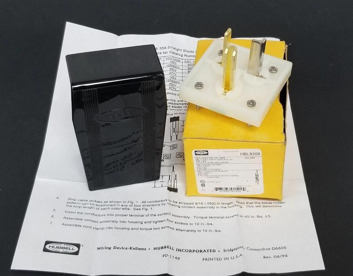 Used NIB HUBBELL HBL9309 INSULGRIP ANGLE PLUG 30A 125V