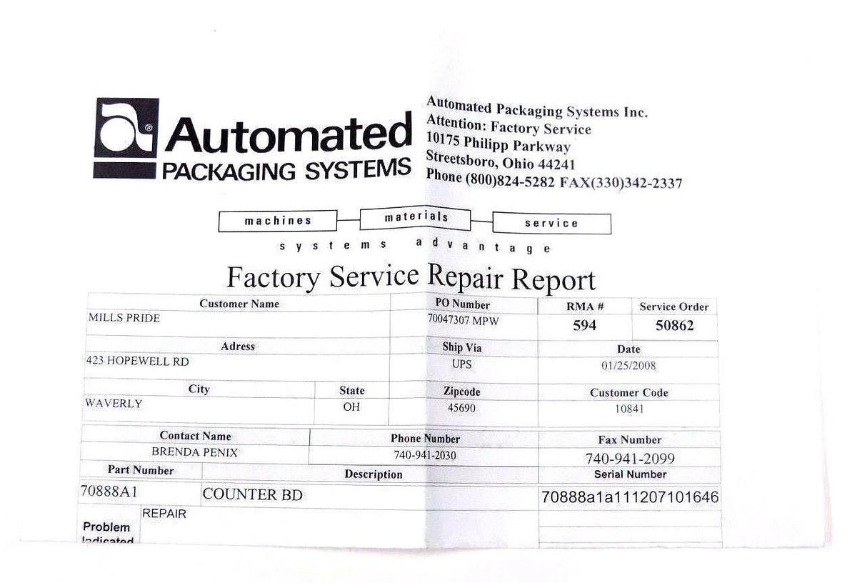 Refurbished REPAIRED AUTOMATED PACKAGING SYSTEMS 70888A1 COUNTER BOARD B/M-E