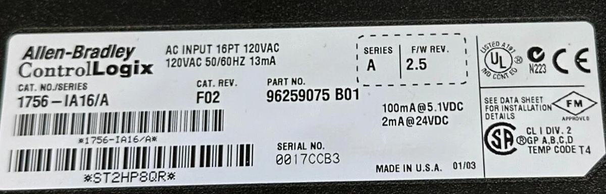 Used ALLEN BRADLEY 1756-IA16 /A ControlLogix 16-PT AC INPUT MODULE 120VAC 13mA USNP