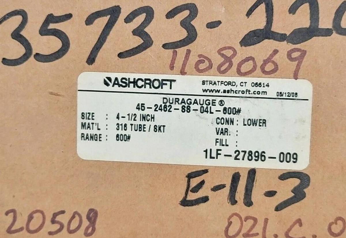 Used NIB ASHCROFT 45-2462-SS-04L-600# DURAGAUGE SIZE: 4-1/2'' 452462SS04L RANGE: 600#