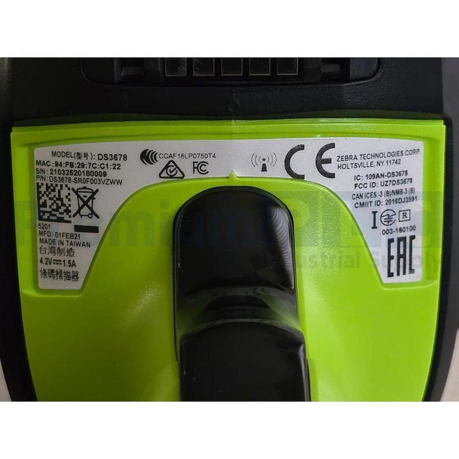 Used NEW ZEBRA DS3678-SR SCANNER SR/FIPS W/ CHARGING CRADLE, POWER ADAPTER, & BATT.