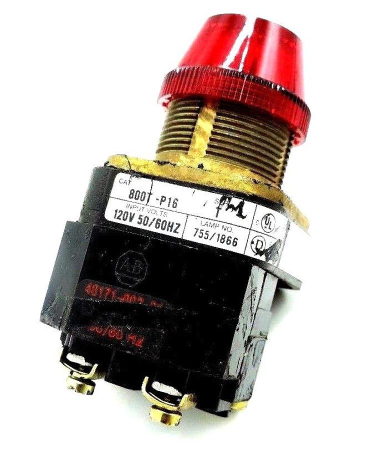 Used ALLEN BRADLEY 800T-P16 PILOT LIGHT, RED LENS, SER. T, 120V, 50/60HZ, 800TP16