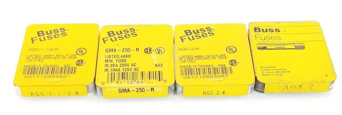 Used LOT OF COOPER BUSSMANN FUSES AGX-2, AGC-2-R, GMA-250-R, AGC-1-1/2-R