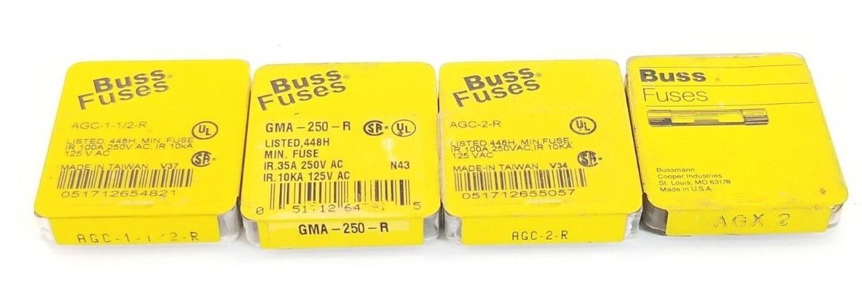 Used LOT OF COOPER BUSSMANN FUSES AGX-2, AGC-2-R, GMA-250-R, AGC-1-1/2-R