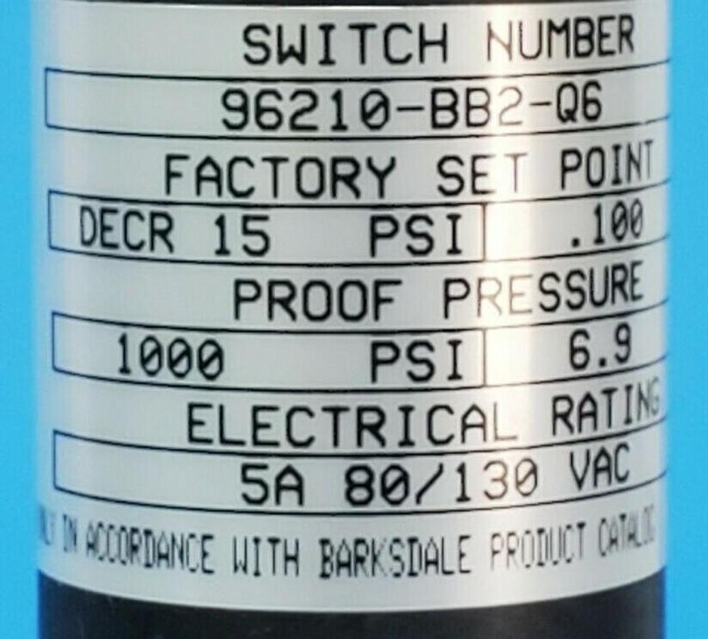 Used NIB BARKSDALE 96210-BB2-Q6 PRESSURE SWITCH 5A 80/130VAC 96210BB2Q6, 1000 PSI