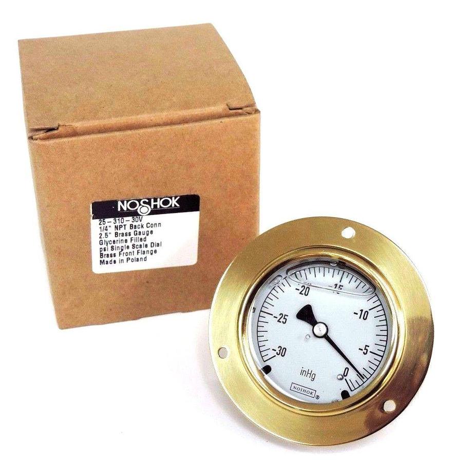 Used NIB NOSHOK 25-310-30V 2.5'' BRASS GAUGE 1/4'' NPT BACK CONN., 2531030V