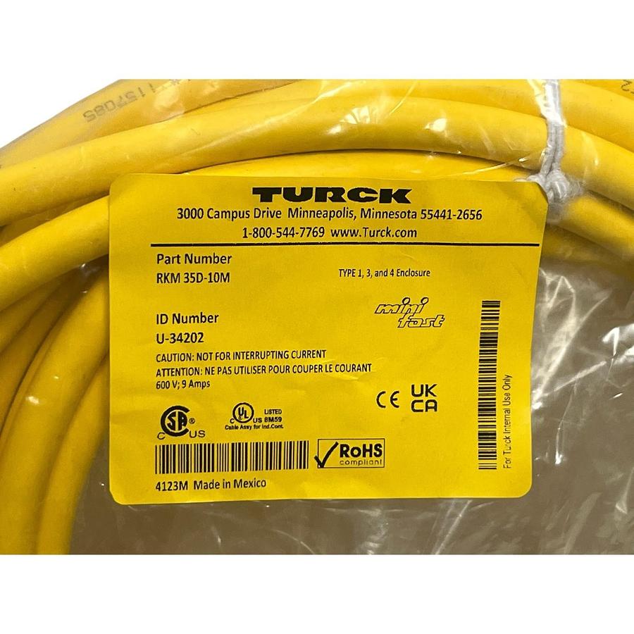Used Turck RKM 35D-10M Minifast Cable 3-Pin 7/8" Female to Bare End 10m #U-34202