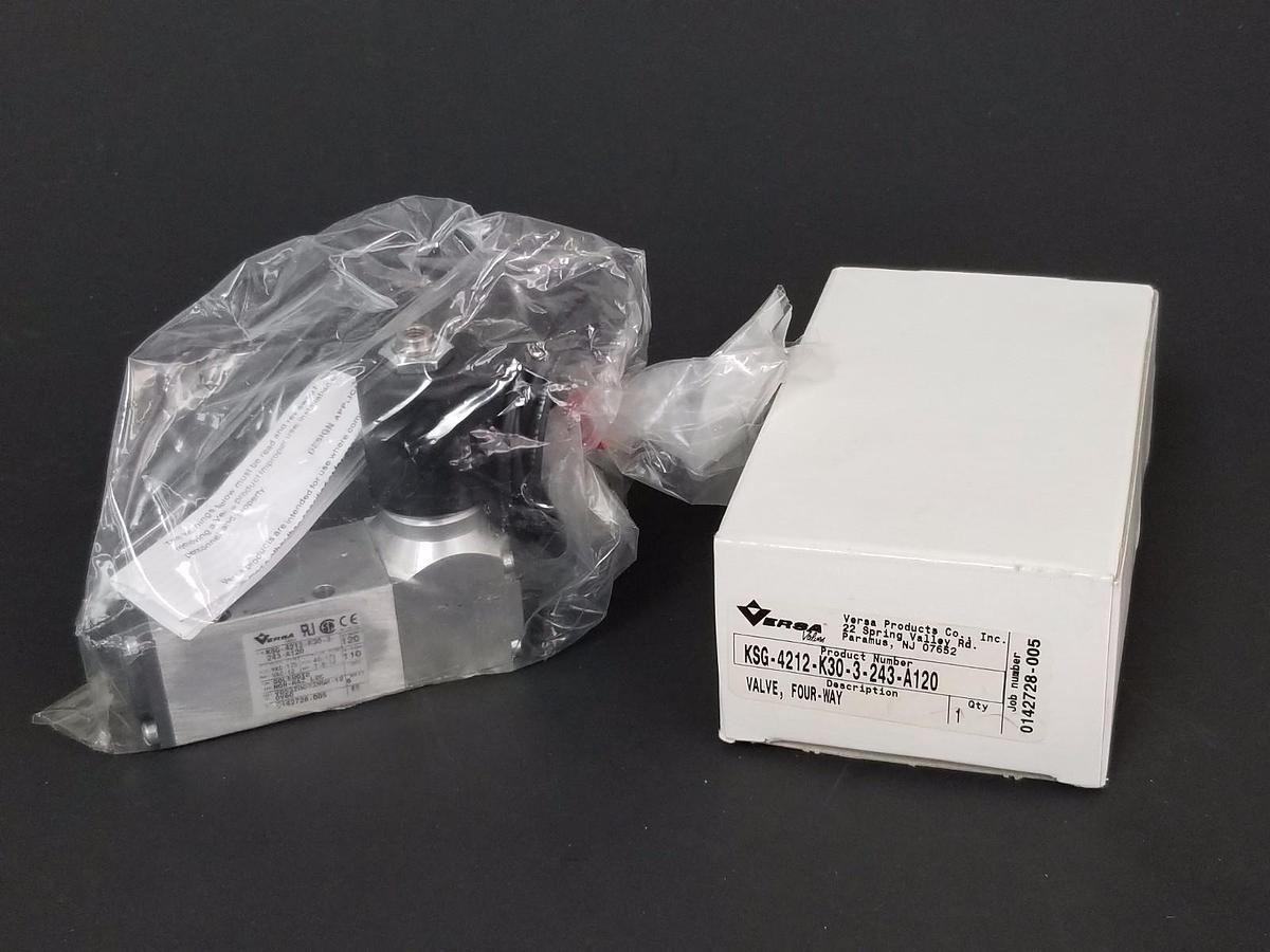 Used NIB VERSA VALVES KSG-4212-K30-3-243-A120 FOUR WAY VALVE 120V/60HZ, 0142728-005