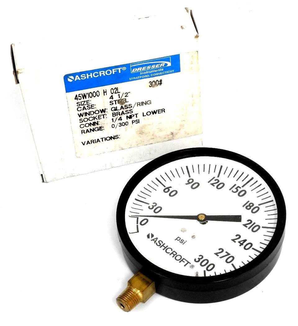 Used NIB ASHCROFT 45W1000 H 02L 300# PRESSURE GAUGE 4 1/2" 45W1000H02L