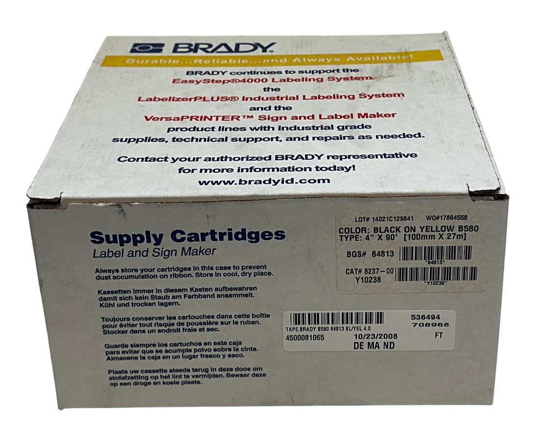 Used BRADY 8237-00 / 823700 BLACK ON YELLOW B580 TYPE: 4''X90' (100mmX27mm) NSMP