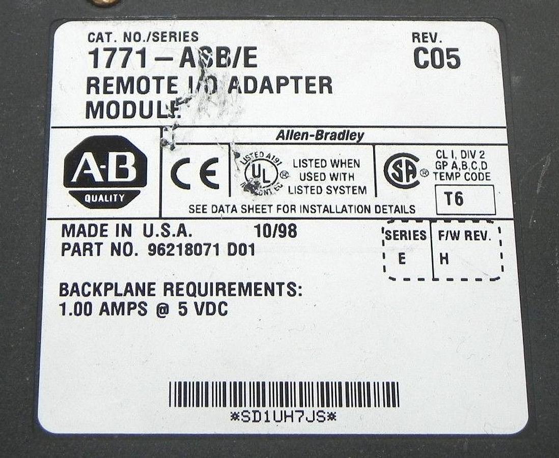 Used ALLEN BRADLEY 1771-ASB/E REMOTE I/O ADAPTER MODULE REV C05 1771ASBE