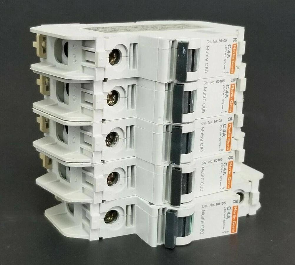 Used LOT OF 5 MERLIN GERIN CAT. NO. 60105 MULTI9 C60 CIRCUIT BREAKERS C4A 240V/60V
