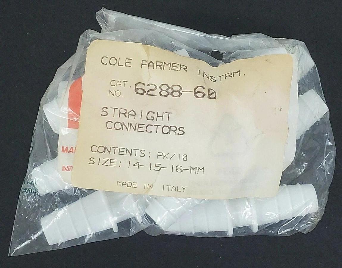 Used PACK OF 10 NEW COLE PARMER INSTRM. 6288-60 STRAIGHT CONNECTORS SIZE: 14-15-16MM