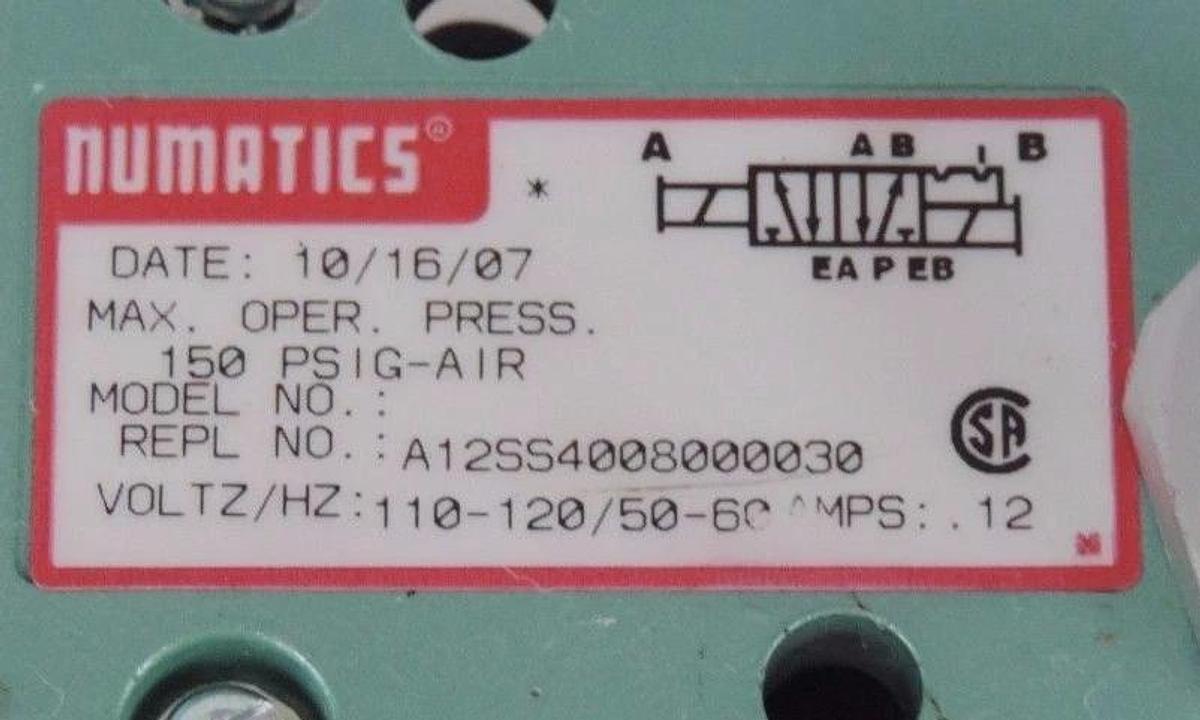 NEW NUMATICS A12SS4008000030 DOUBLE SOLENOID VALVE 150PSI 110-120V 50/60HZ