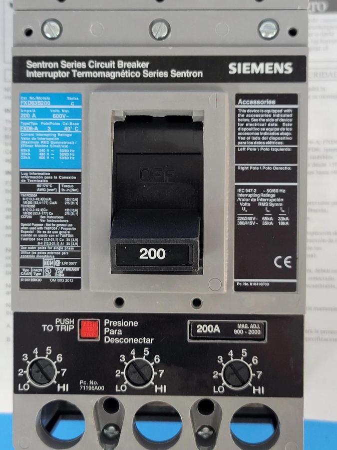 Used NIB SIEMENS FXD63B200L SENTRON MOLDED CASE CIRCUIT BREAKER 3P 200A 600V