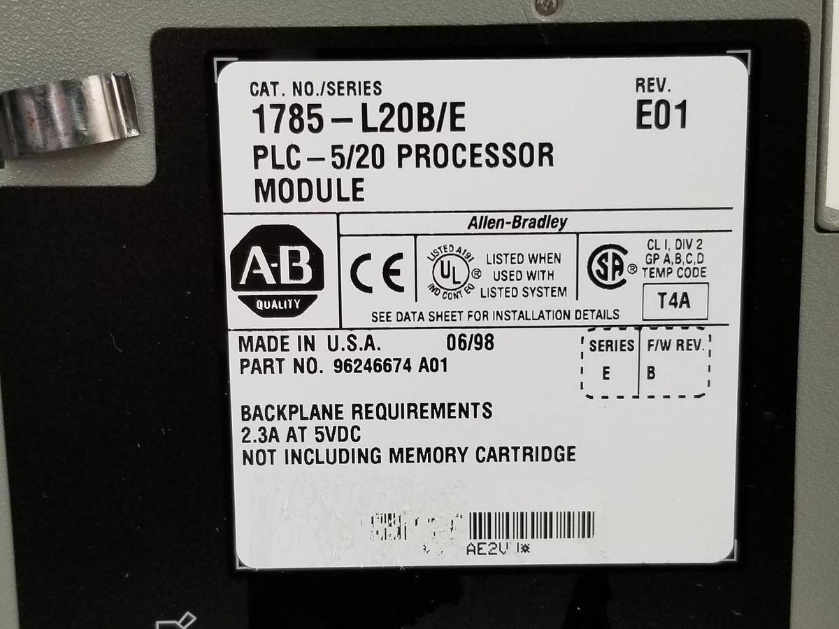 Used ALLEN BRADLEY 1785-L20B/E PROCESSOR MODULE REV. E01 SER. E F/W REV. B 96246674