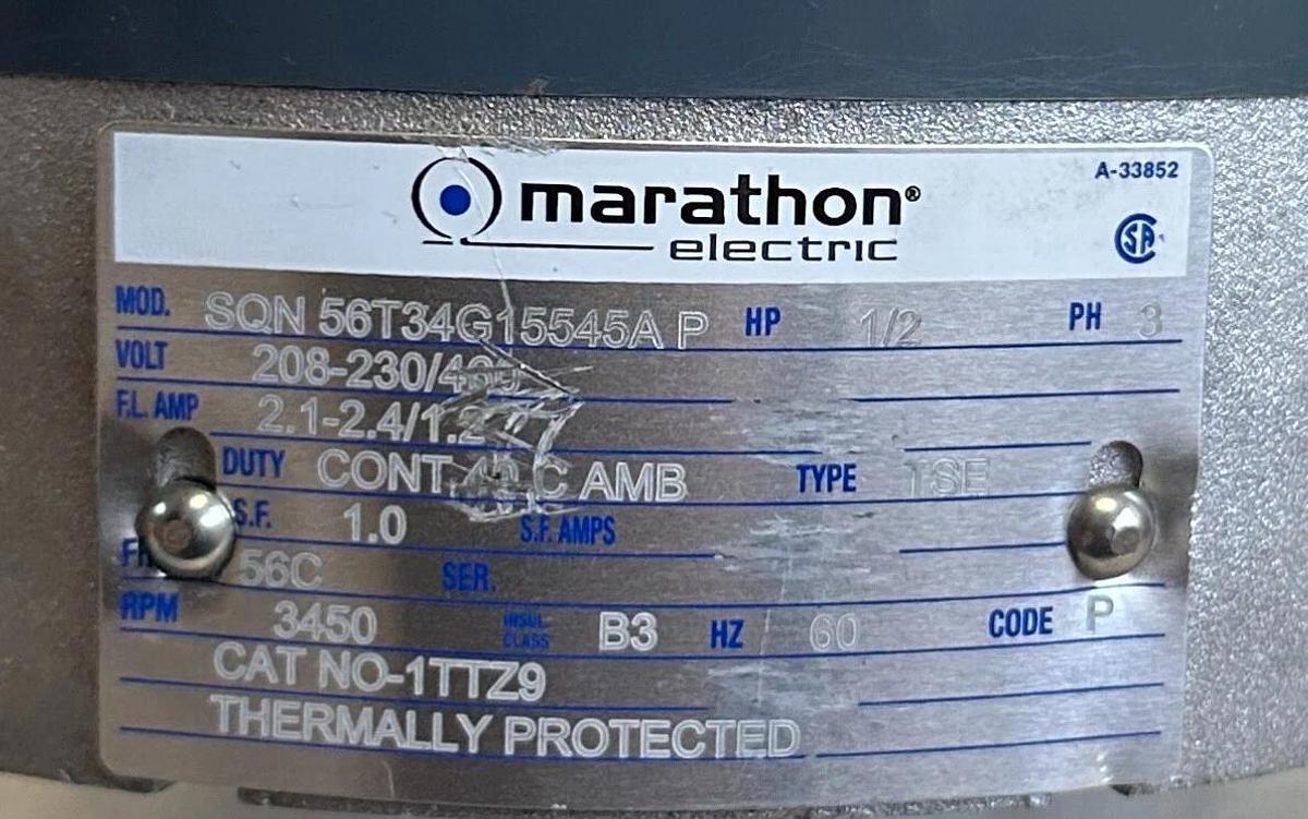 Used MARATHON ELECTRIC 056T34G15545 HAZARDOUS LOCATION MOTOR 1/2HP 56T34G15545 USMP