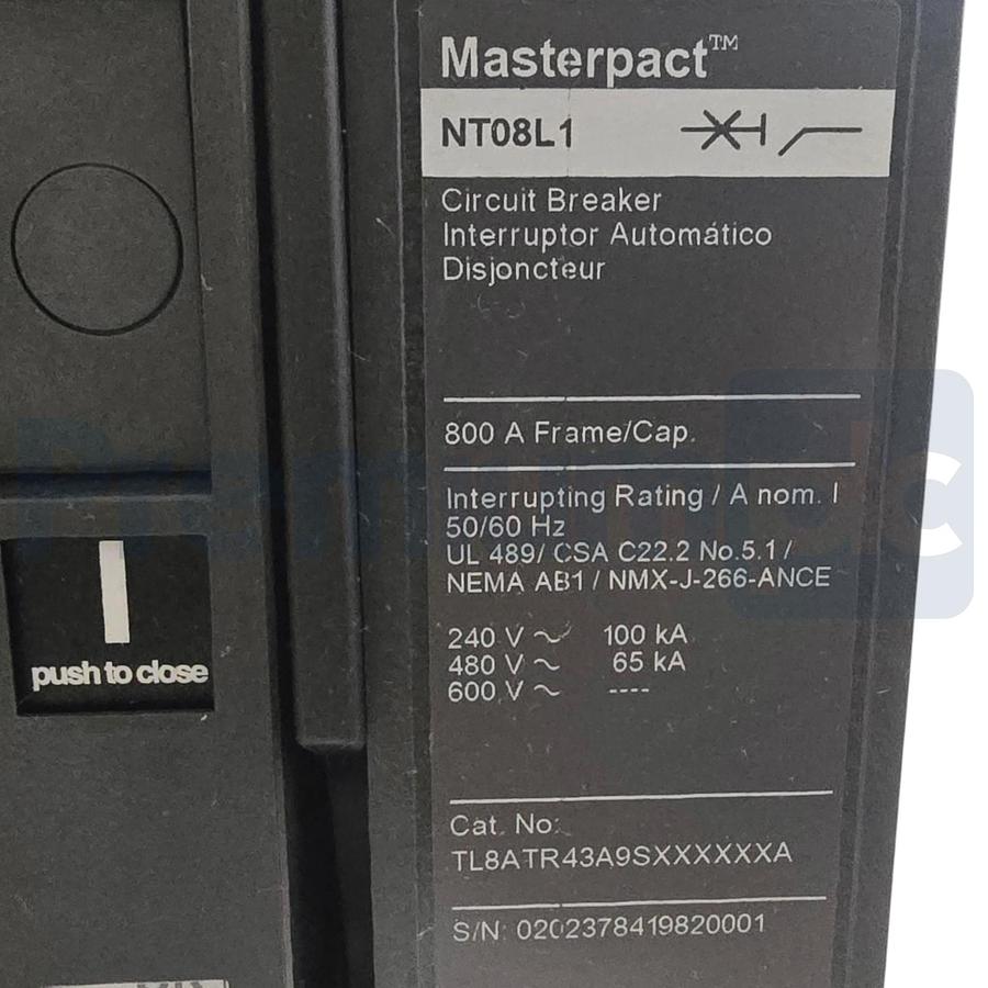 Used Square D TL8ATR43A9SXXXXXXA MasterPact NT Breaker Mod. NT08L1 3P 480V 800A NSMP