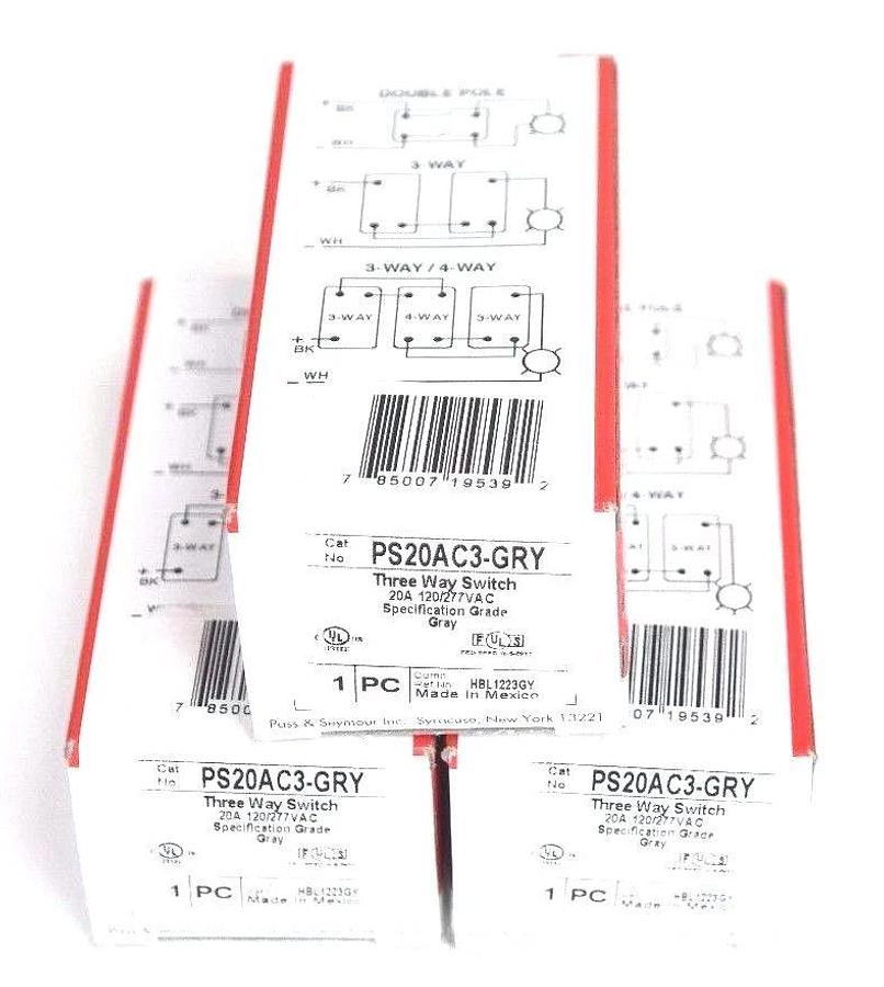 Used LOT OF 3 NEW PASS & SEYMOUR PS20AC3-GRY 3-WAY SWITCHES 20A 120/277VAC GRAY