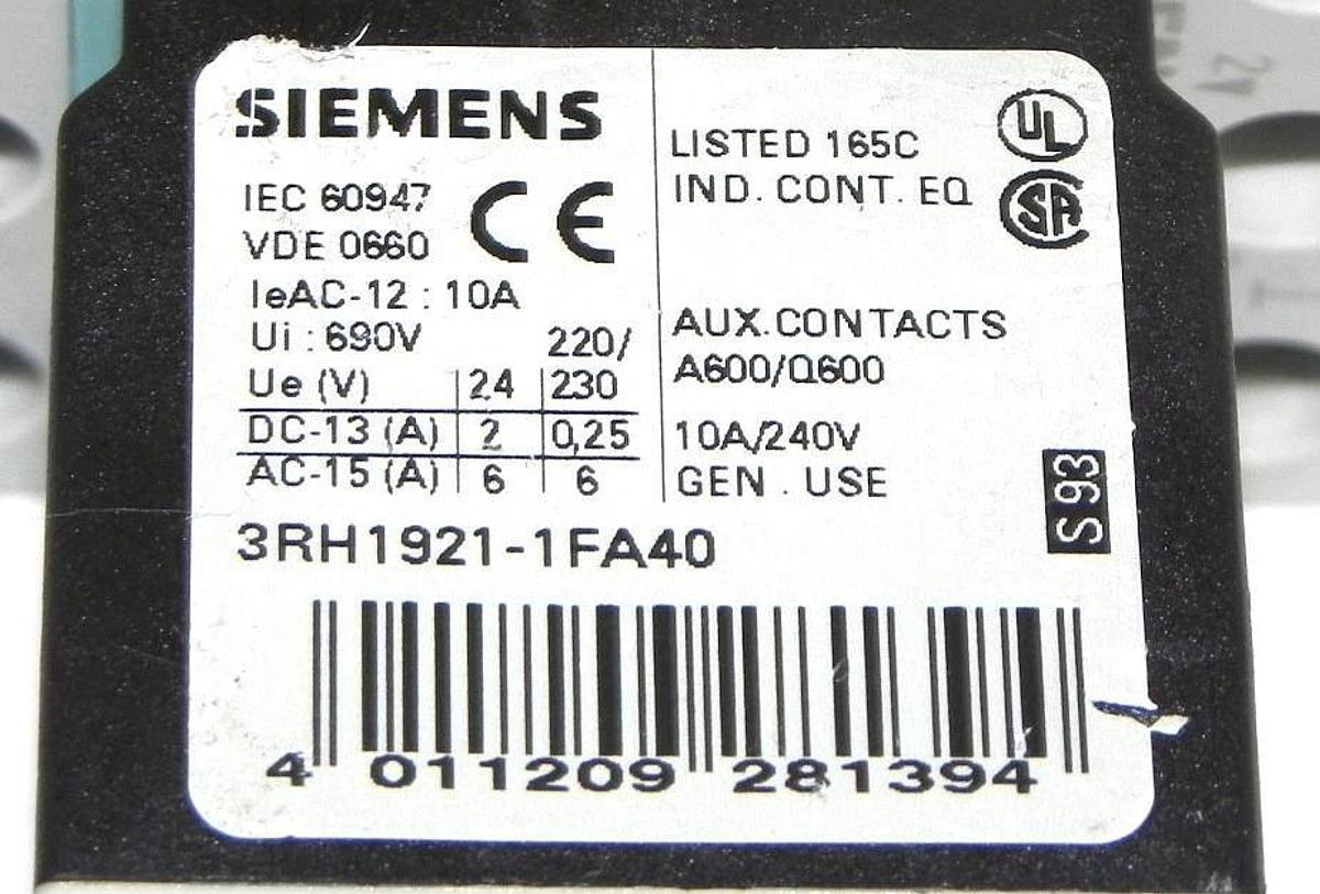 Used SIEMENS 3RT1025-1B CONTACTOR WITH 3RH1921-1FA40 CONTACT BLOCK