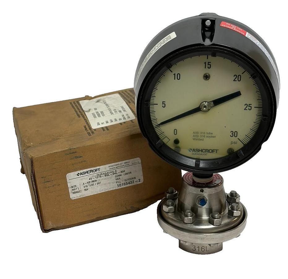 Ashcroft Duragauge 45-1279-SSL-04L-30# 4-1/2" Pressure Gauge 30 PSI New