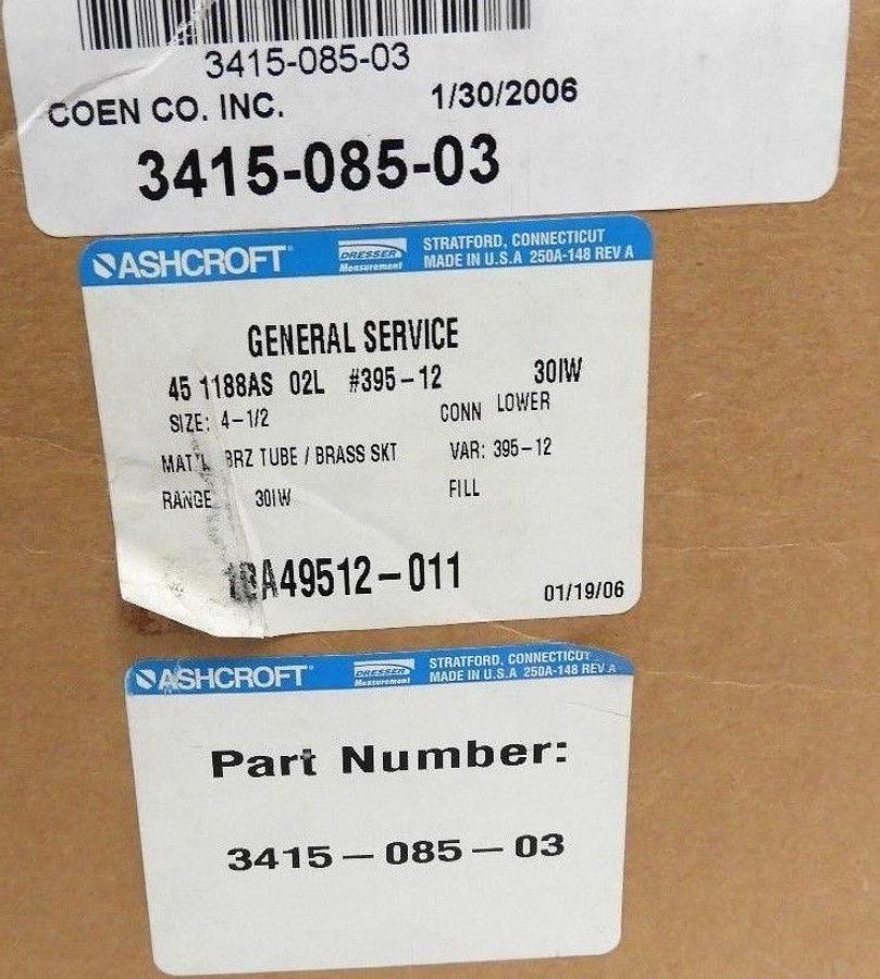 NIB COEN ASHCROFT 3415-085-03 BELLOWS GAUGE 451188AS-02L #395-12, 0-30 IN. H2O