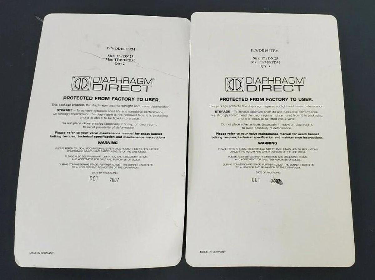 Used LOT OF 4 NEW DIAPHRAGM DIRECT P/N: DD10-ITFM SIZE: 1'' / DN 25 MAT: TFM/EPDM