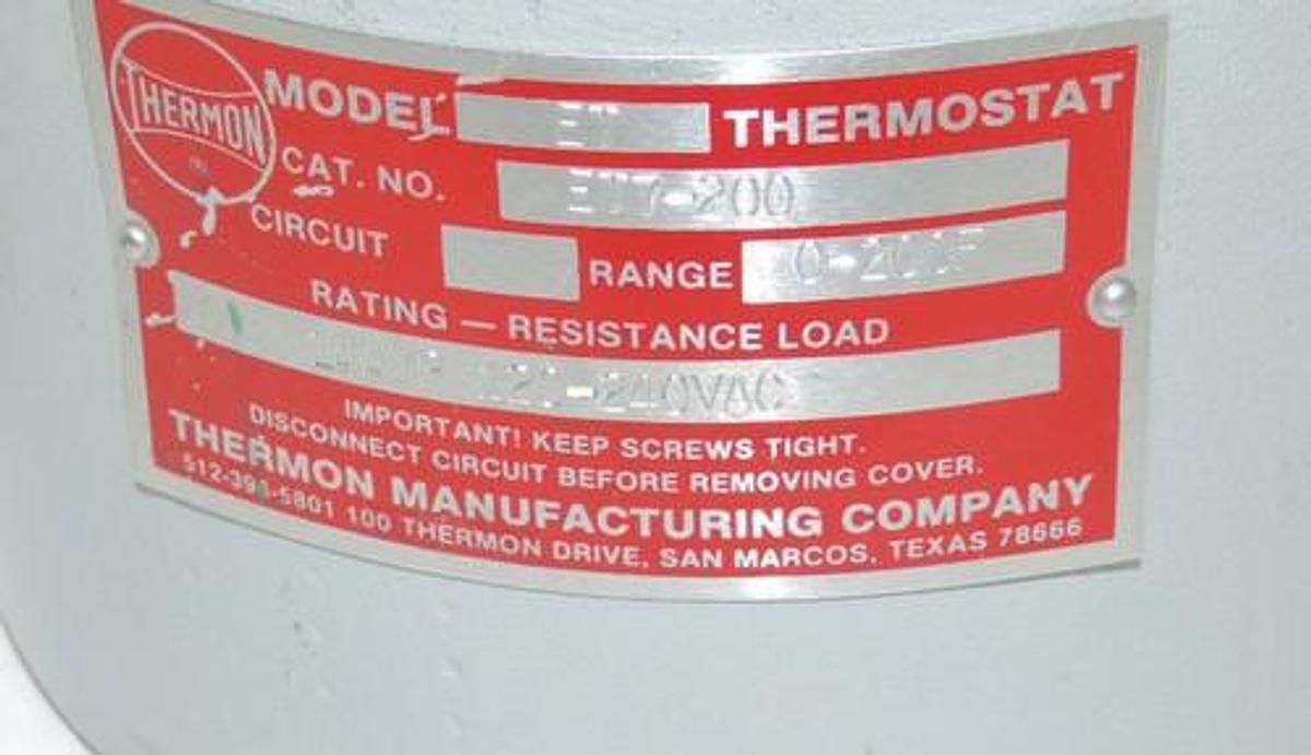 Used NEW THERNON ET7-200 THERMOSTAT. RANGE 0-200F, 14 AMP, 120-240 VAC, ET7200
