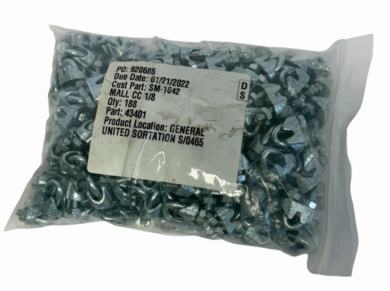 Used LOT OF 188 1/8" Zinc Plated Malleable Wire Rope Clips