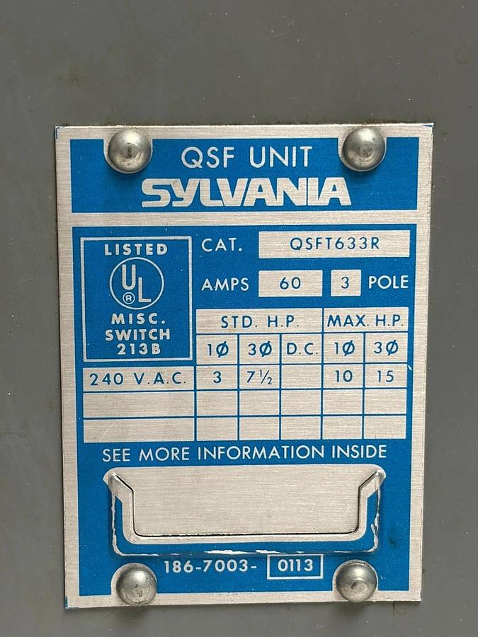 Used Sylvania QSFT633R QSF Unit Busway Plug-in Disconnect Fuse Switch 60A 240V 3P