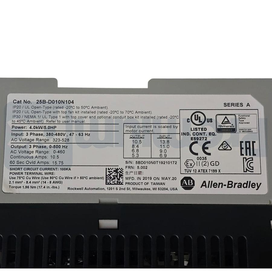 Used Surplus Allen Bradley 25B-D010N104 /A PowerFlex 525 AC VFD Drive 3Ph 480V 5HP