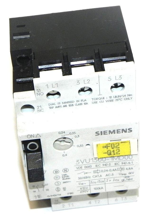 Used SIEMENS 3VU1300-1MD00 STARTER MOTOR PROTECTOR 0.24-0.40AMP 3POLE 3VU13001MD00