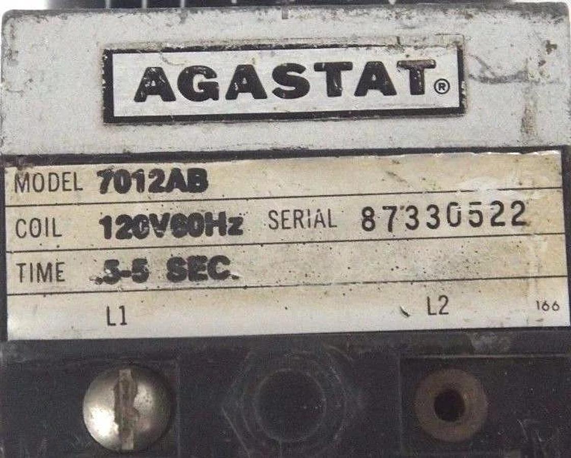 Used AGASTAT 7012AB TIME DELAY RELAY COIL: 120V 60HZ, TIME: .5 - 5 SEC.