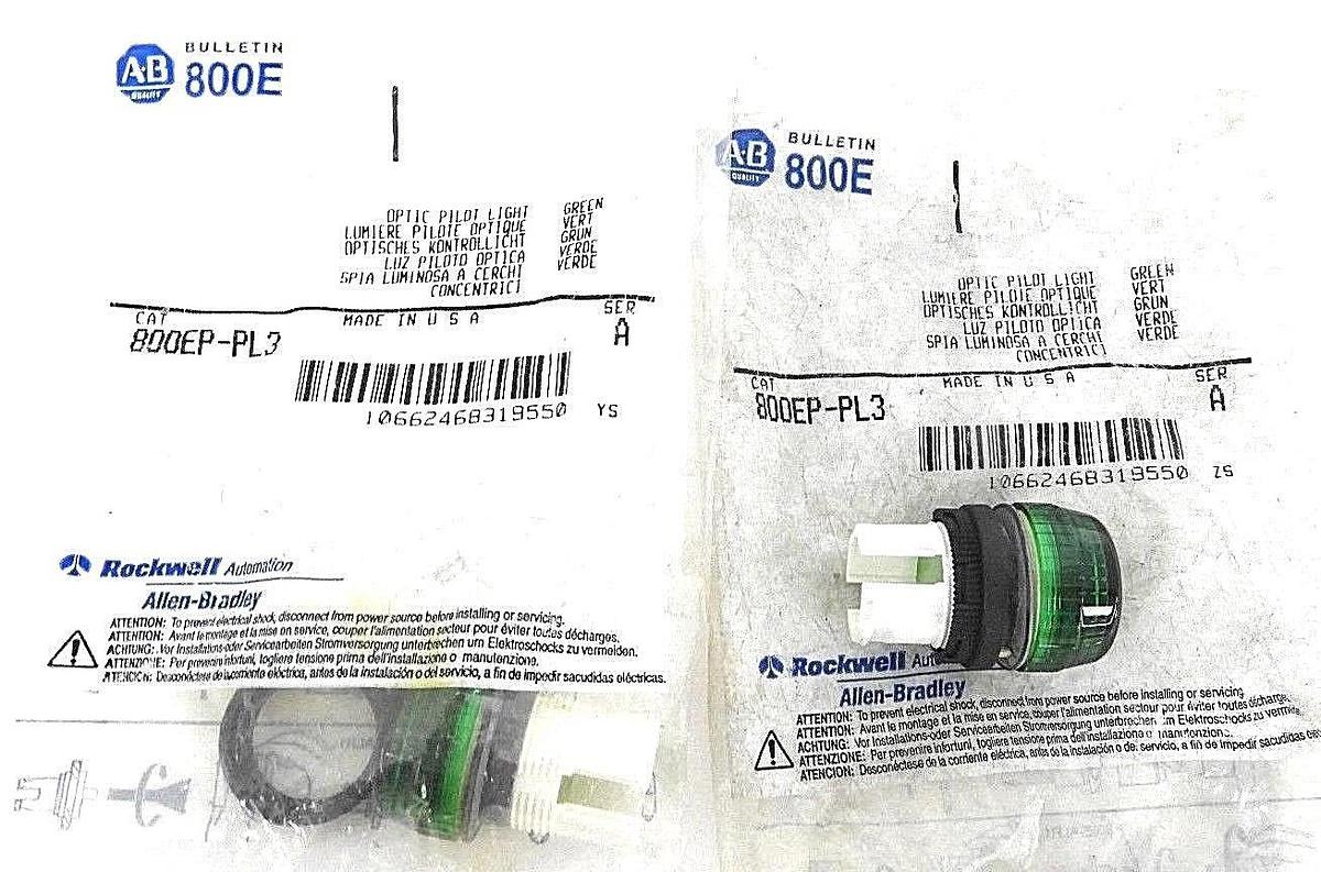 Used LOT OF 2 NEW ALLEN BRADLEY 800EP-PL3 GREEN OPTIC PILOT LIGHT 800EPPL3, SER. A