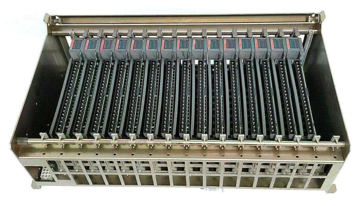 Used ALLEN BRADLEY 1771-A4B 16 SLOT I/O CHASSIS SER. B REV. K01 W/ 15 1771-IAD SER. D