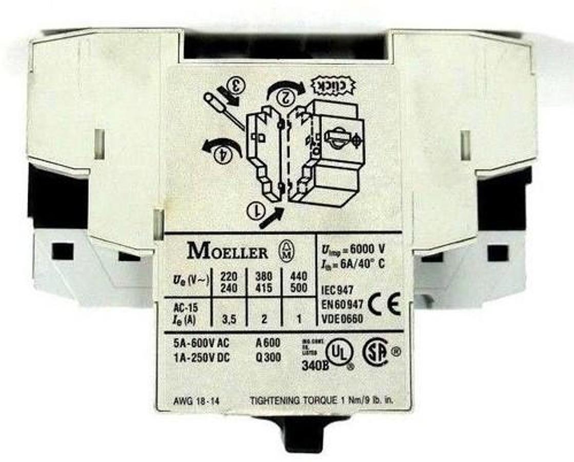 Used MOELLER PKZM016T MANUAL MOTOR CONTROLLER W/ NHI11-PKZ0 AUXILIARY CONTACT