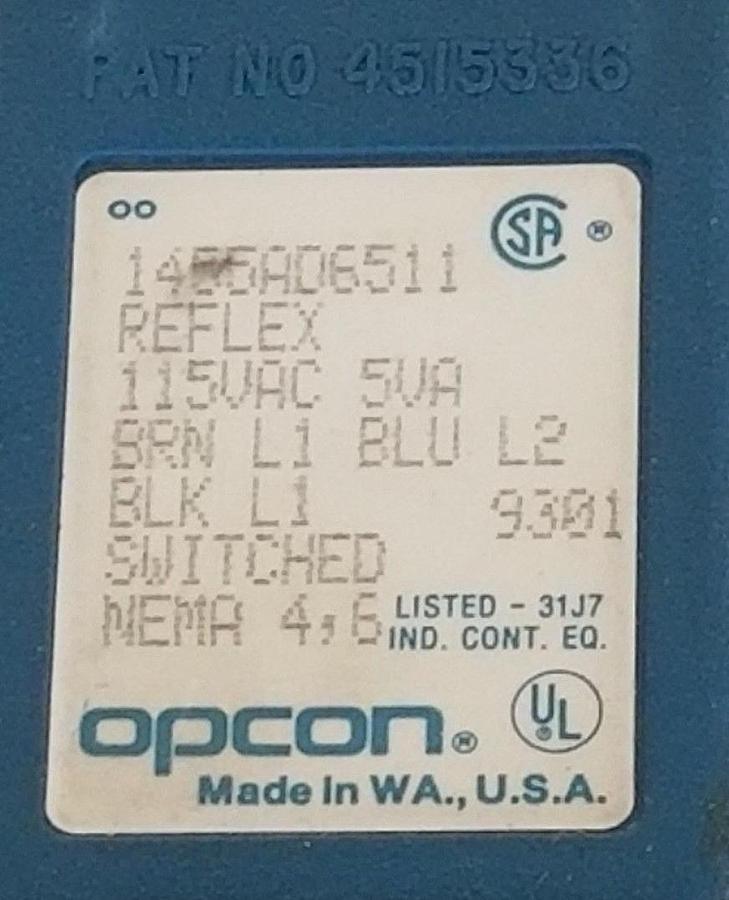 Used OPCON 1455AD-6511 PHOTOELECTRIC REFLEX SENSOR W/ CABLE, 115VAC / 5VA, 1455AD6511
