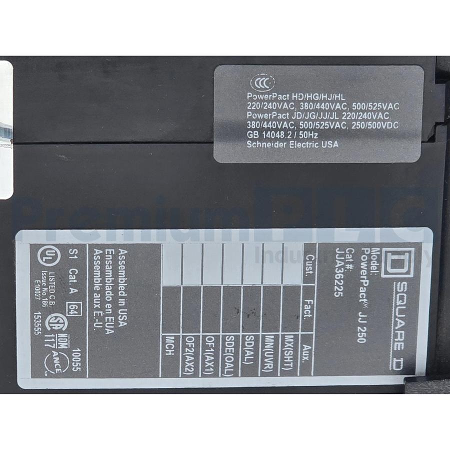 Used SQUARE D JJA36225 PowerPact JJ 250 CIRCUIT BREAKER 225A, 3-POLE, 600VAC NSNP
