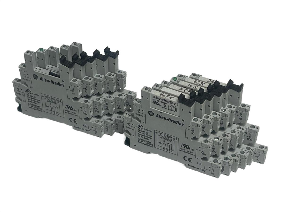 Used LOT OF 11 Allen-Bradley 700-HLT1U1 Ser A Relay Bases (6) w/ 700-TBR60 Relays